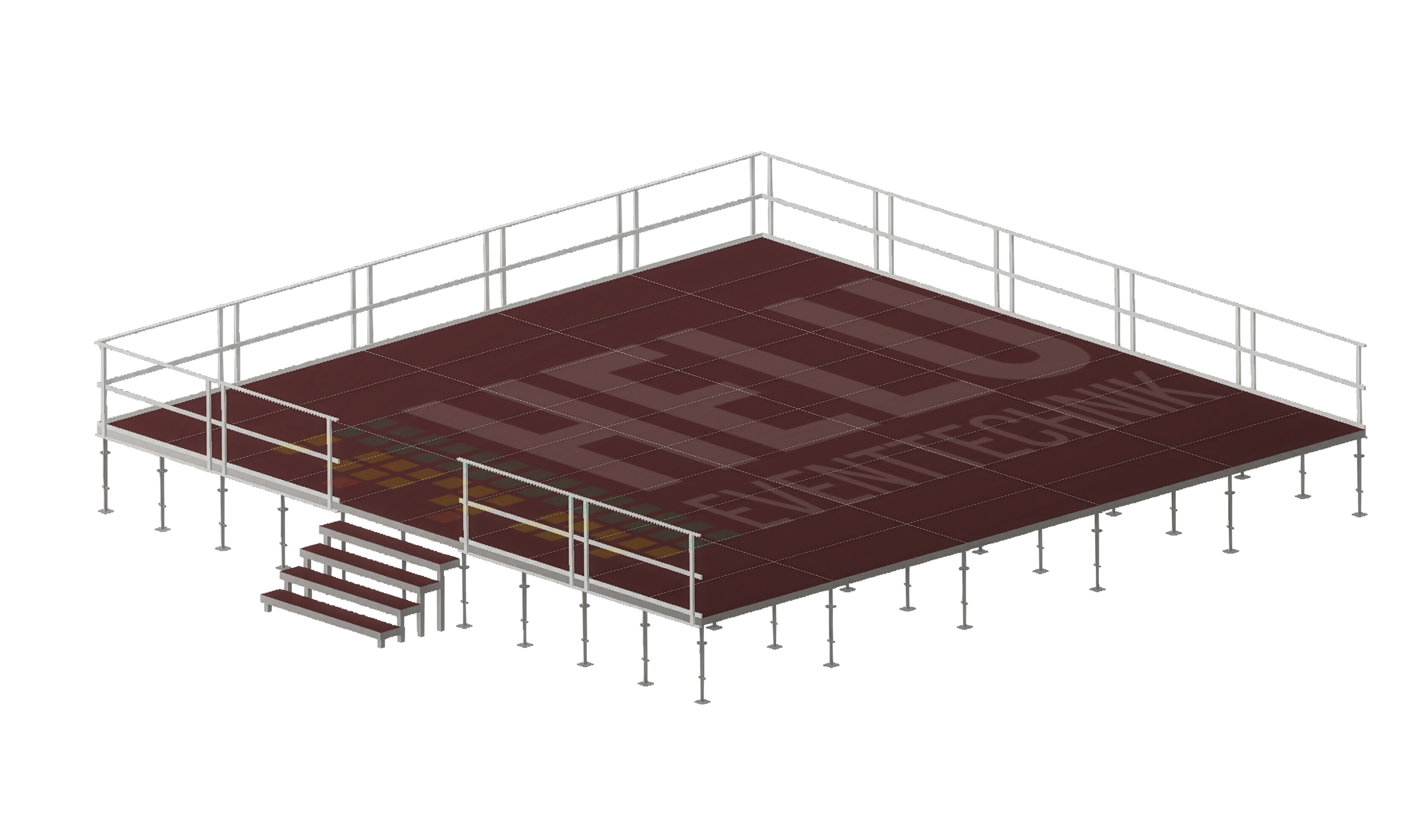 Darstellung einer modularen Bühnenpodestfläche mit Treppe, Geländern und höhenverstellbaren Stützen.