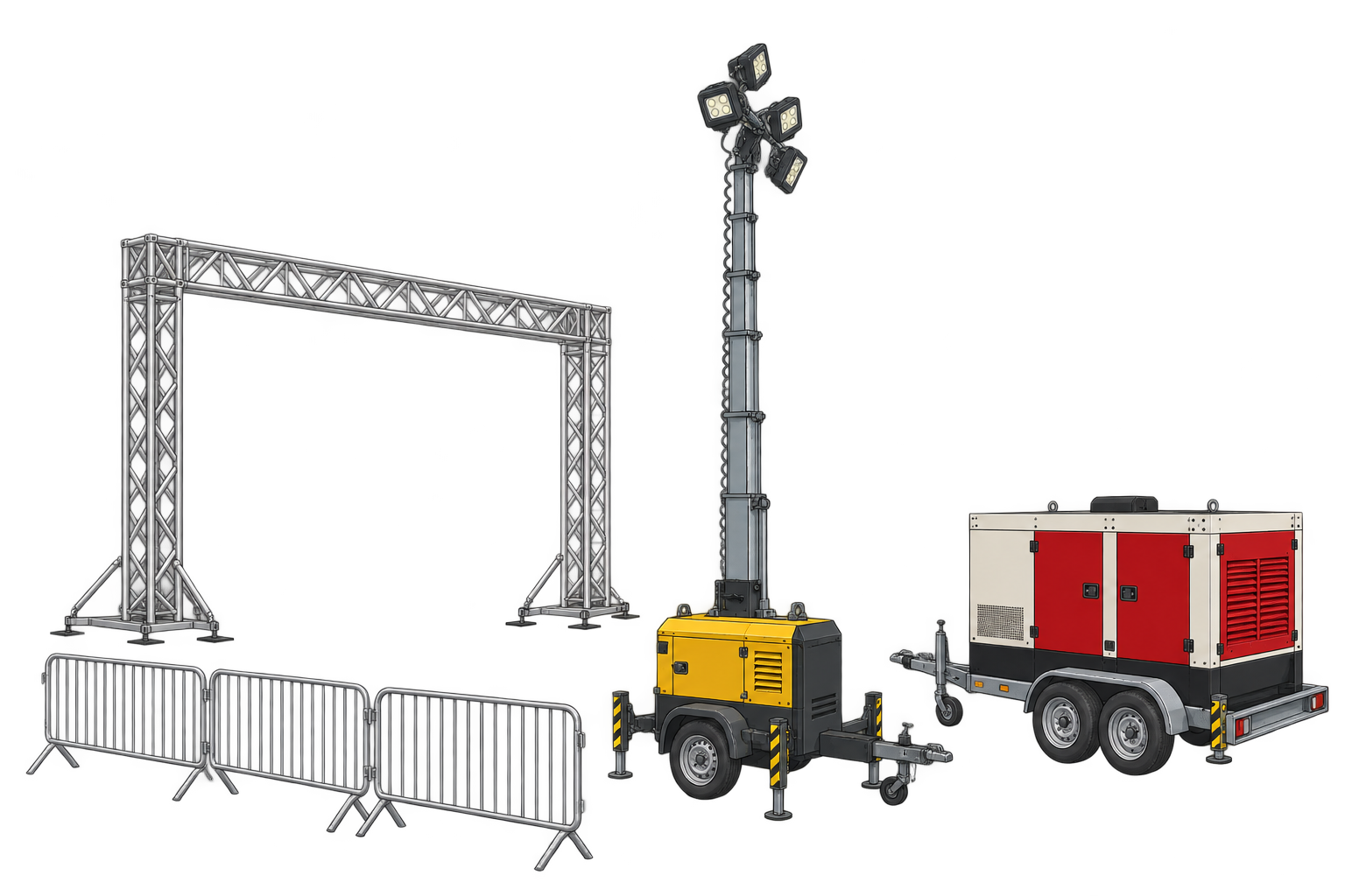Technische Illustration von Traversen, Besucherabsperrungen, mobilem Lichtmast und Stromaggregat.