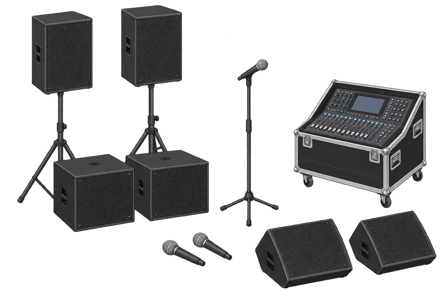 Beispielhafte Darstellung eines Soundsystems mit Lautsprechern, Subwoofern, Mikrofonen, Mischpult und Bühnenmonitoren.