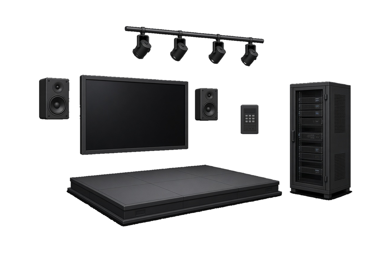 Beispielhafte Darstellung einer Festinstallation mit Wandlautsprechern, Lichtschiene, Display, Wandbedienpanel und Technikschrank.