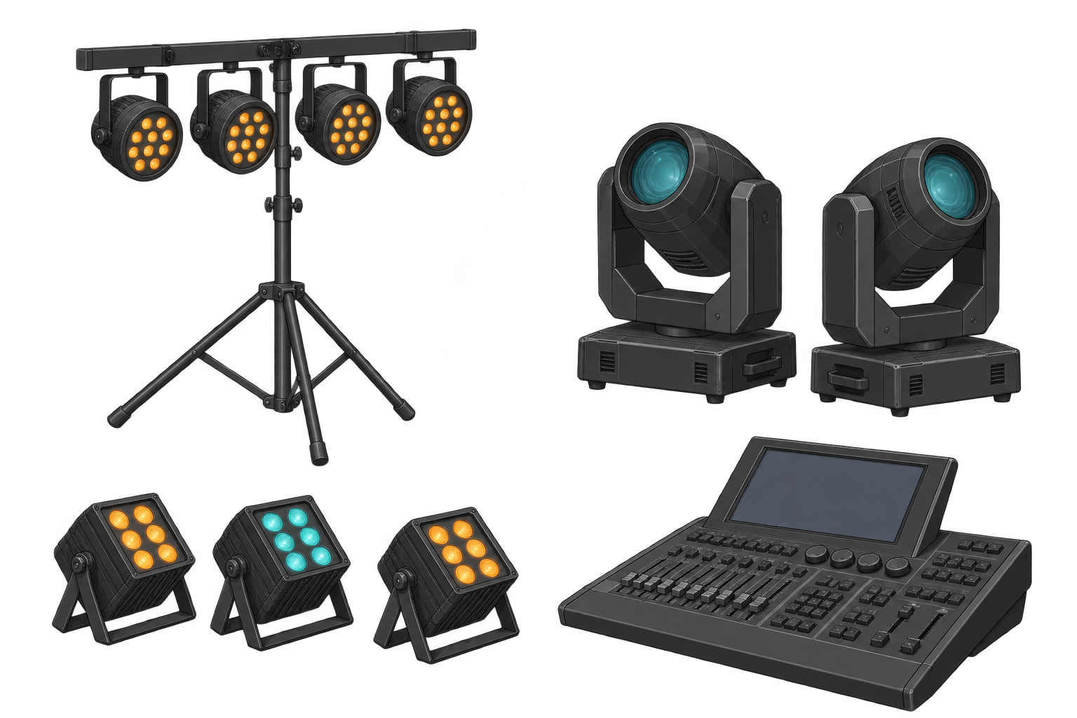 Beispielhafte Darstellung eines Lichtkonzepts mit Scheinwerferleiste, Moving Heads, Bodenleuchten und Lichtpult.