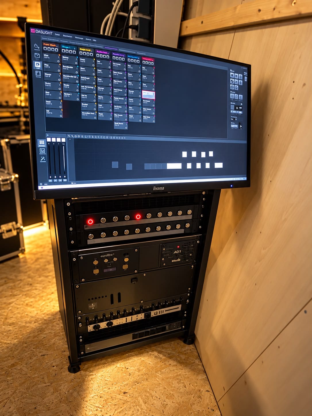 Schwarzes Technikrack mit Monitor, auf dem eine Lichtsteuerungssoftware zu sehen ist